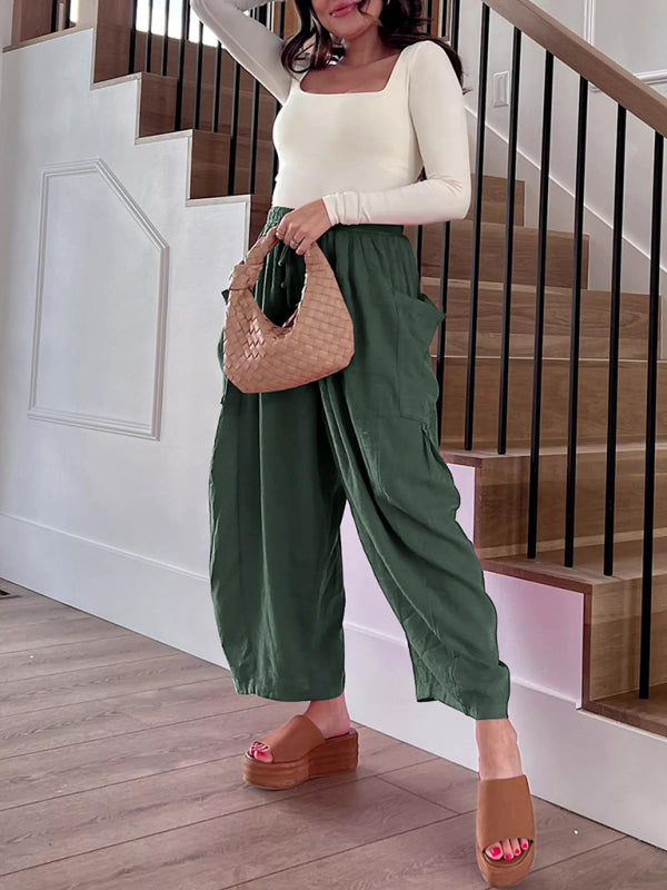 Damenhose mit elastischem Bund, Falten, hohem Bund und weitem Bein, lockere Freizeithose 