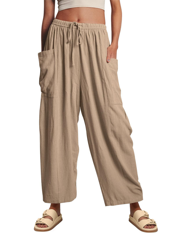Damenhose mit elastischem Bund, Falten, hohem Bund und weitem Bein, lockere Freizeithose 