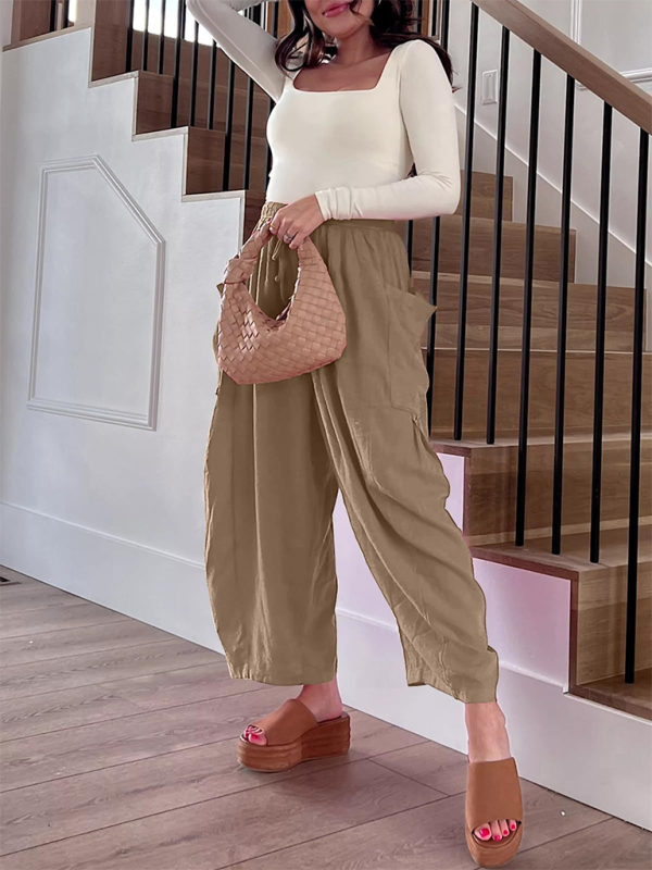 Damenhose mit elastischem Bund, Falten, hohem Bund und weitem Bein, lockere Freizeithose 