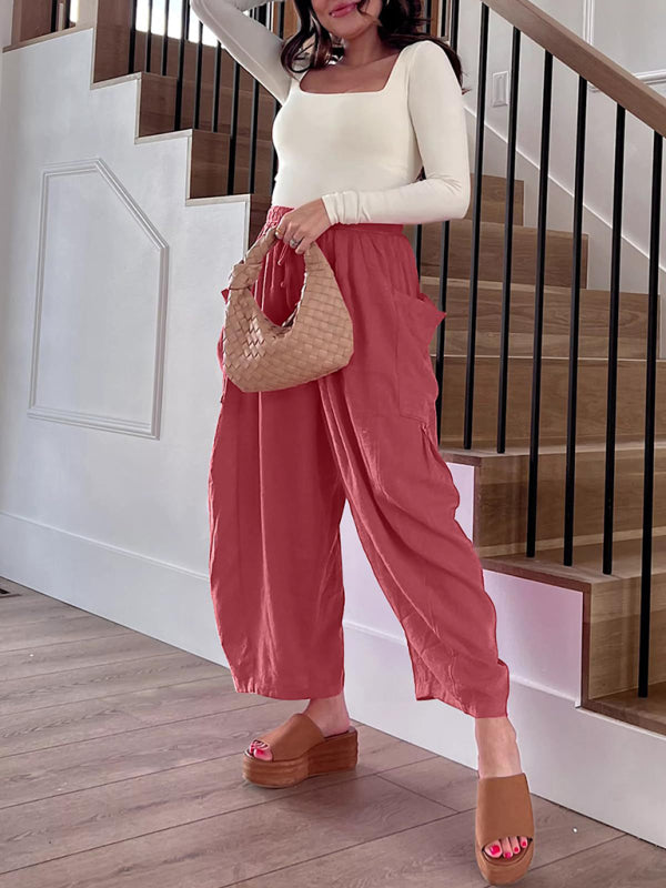 Damenhose mit elastischem Bund, Falten, hohem Bund und weitem Bein, lockere Freizeithose 