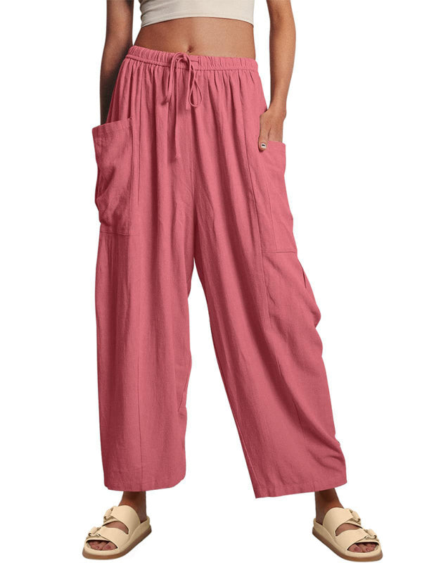 Damenhose mit elastischem Bund, Falten, hohem Bund und weitem Bein, lockere Freizeithose 