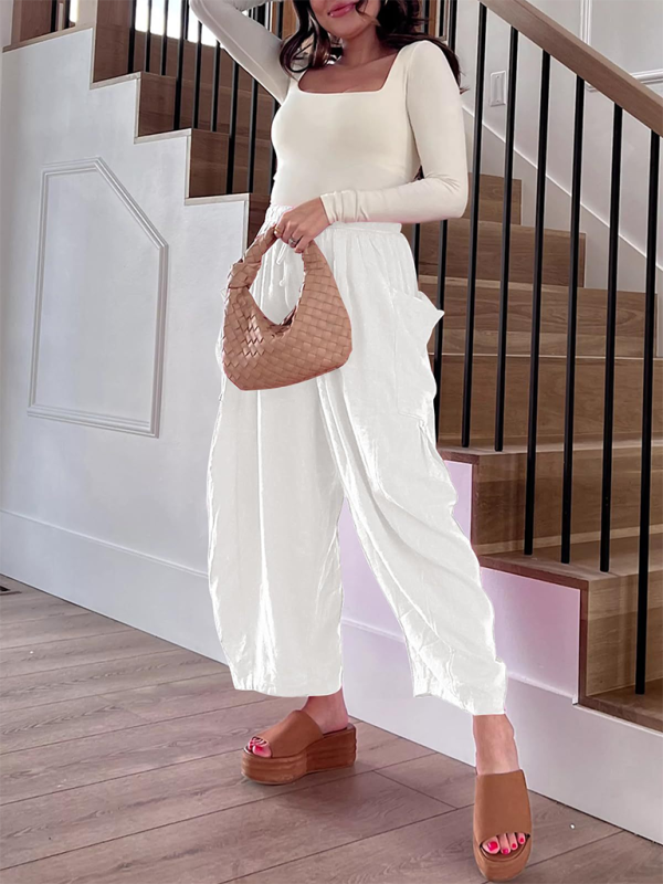 Damenhose mit elastischem Bund, Falten, hohem Bund und weitem Bein, lockere Freizeithose 
