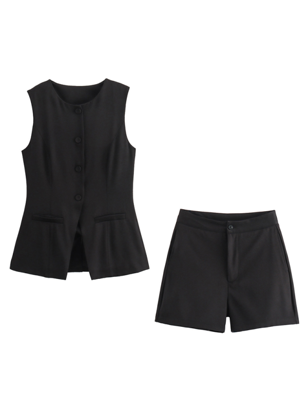 Damen-Freizeitanzug: Neue, einreihige, schmal geschnittene Weste mit V-Ausschnitt und Shorts 