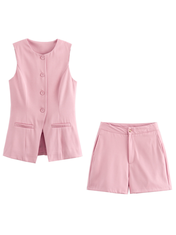 Damen-Freizeitanzug: Neue, einreihige, schmal geschnittene Weste mit V-Ausschnitt und Shorts 