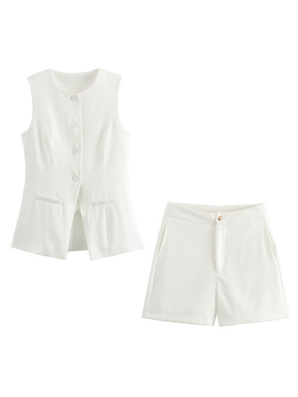 Damen-Freizeitanzug: Neue, einreihige, schmal geschnittene Weste mit V-Ausschnitt und Shorts 
