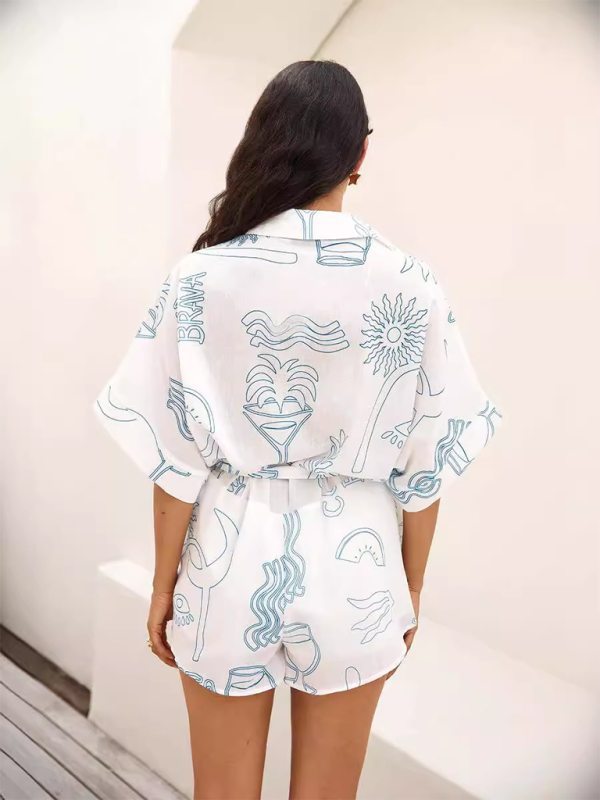 Ladies' new style lapel mid-length sleeve waist tie fashion loose short jumpsuit – detail view