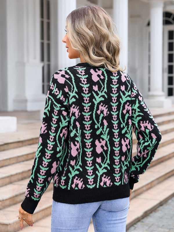 Neuer modischer Damenpullover mit Jacquardmuster, Rundhalsausschnitt und Blumenmuster. 