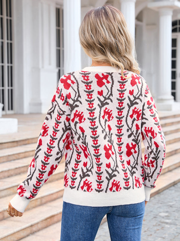 Neuer modischer Damenpullover mit Jacquardmuster, Rundhalsausschnitt und Blumenmuster. 
