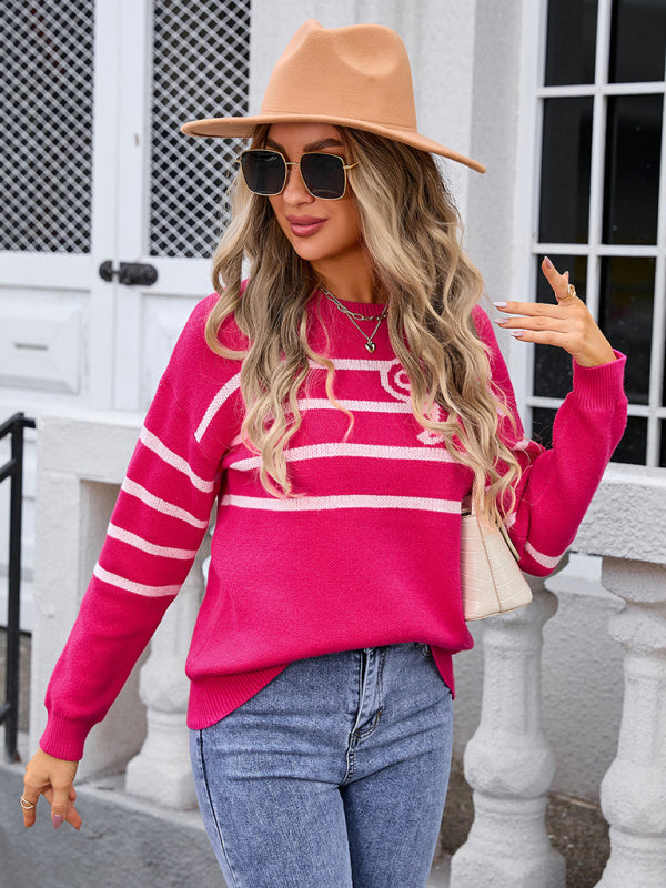 Gestreifter Strickpullover mit Schleife und Rundhalsausschnitt für Damen 