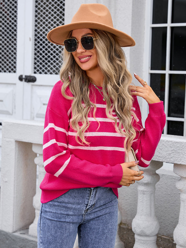 Gestreifter Strickpullover mit Schleife und Rundhalsausschnitt für Damen 