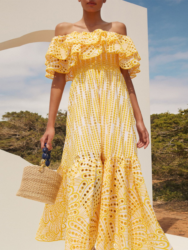 Neues doppellagiges, einseitig besticktes Lotusblatt-Damenkleid 