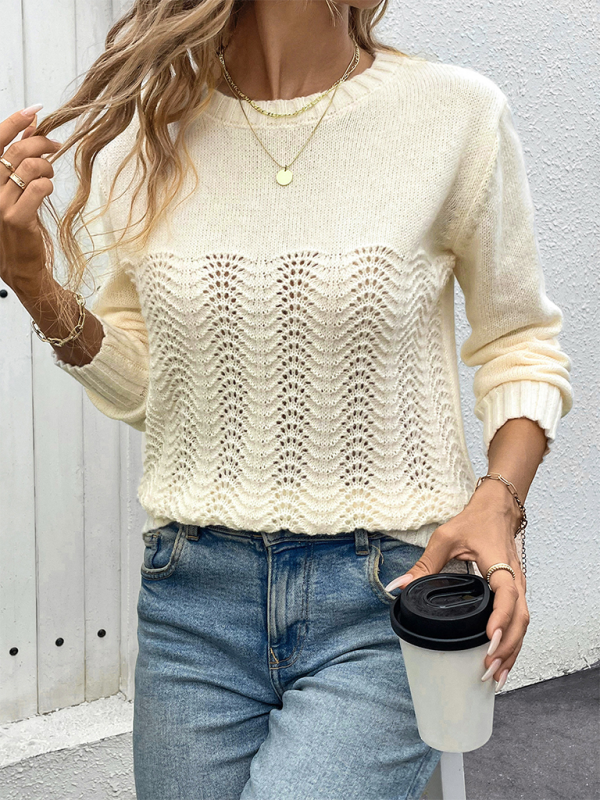 Neuer schlichter Rundhals-Langarmpullover mit Lochmuster 