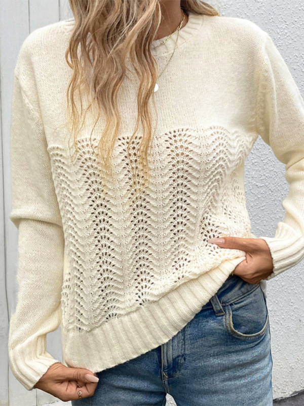 Neuer schlichter Rundhals-Langarmpullover mit Lochmuster 