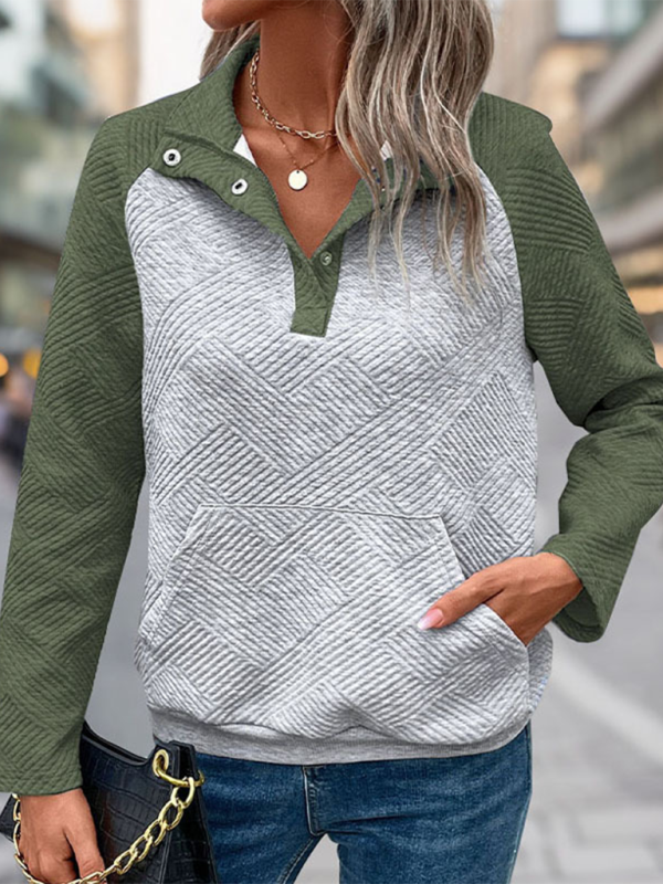 Neues Sweatshirt mit Kontrastnähten, strukturierter Oberfläche, lässig und bequem, V-Ausschnitt, Stehkragen 