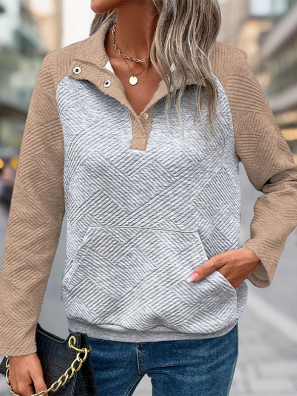 Neues Sweatshirt mit Kontrastnähten, strukturierter Oberfläche, lässig und bequem, V-Ausschnitt, Stehkragen 