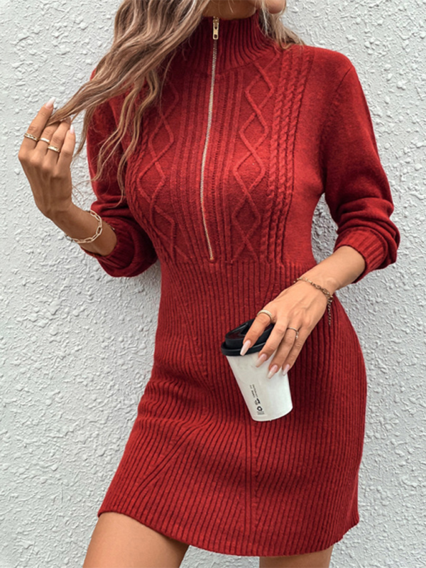 Modisches Damen-Strickkleid im neuen Stil mit Reverskragen und Reißverschluss 