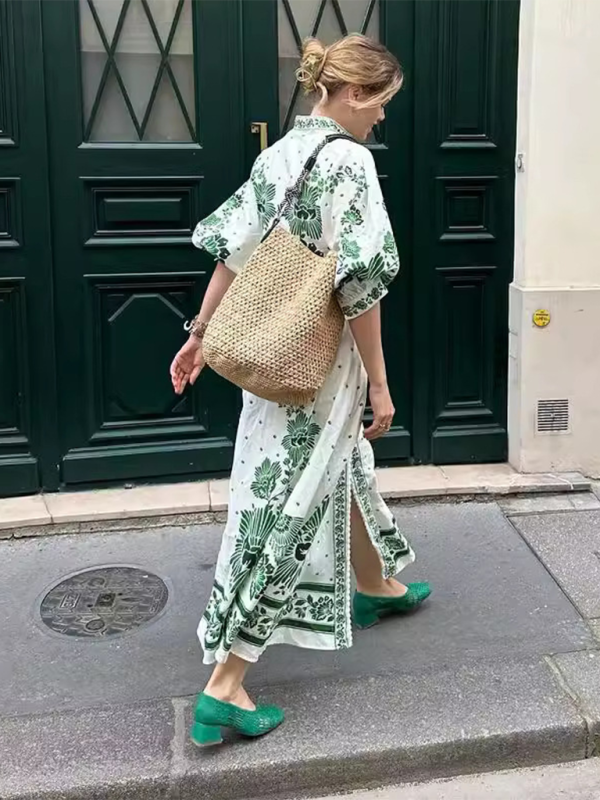 Damenkleid mit V-Ausschnitt, Print und langen Ärmeln – Neues modisches Design 