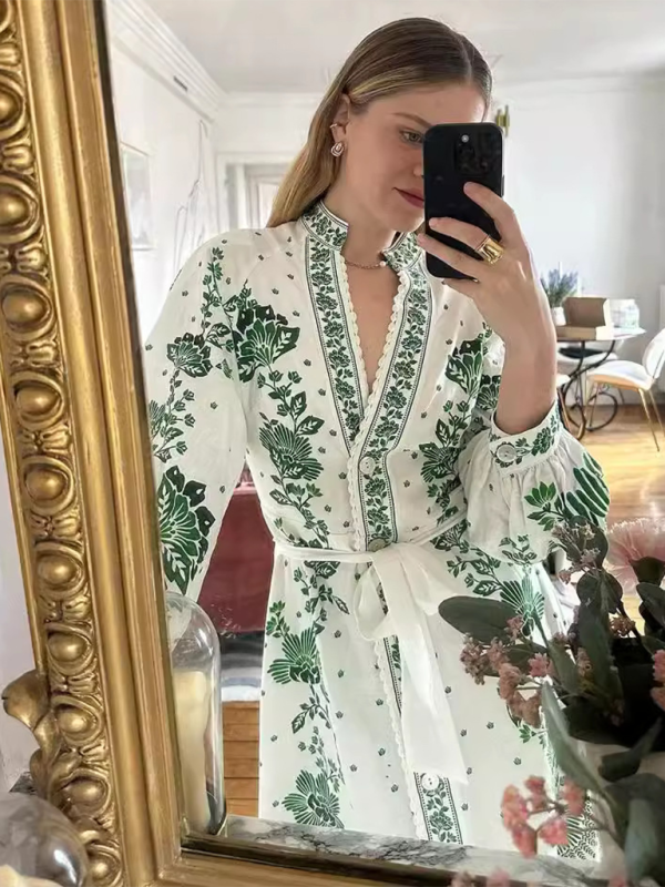 Damenkleid mit V-Ausschnitt, Print und langen Ärmeln – Neues modisches Design 