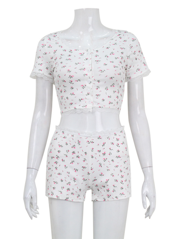 Ensemble deux pièces cardigan et short en dentelle florale décontractée 