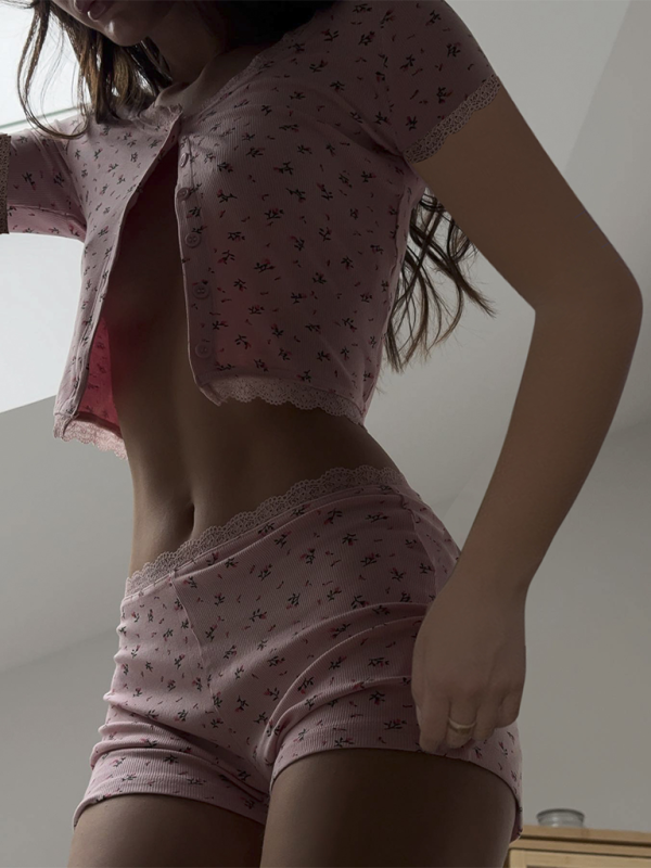Ensemble deux pièces cardigan et short en dentelle florale décontractée 