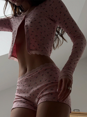 Ensemble deux pièces cardigan et short en dentelle florale décontractée 