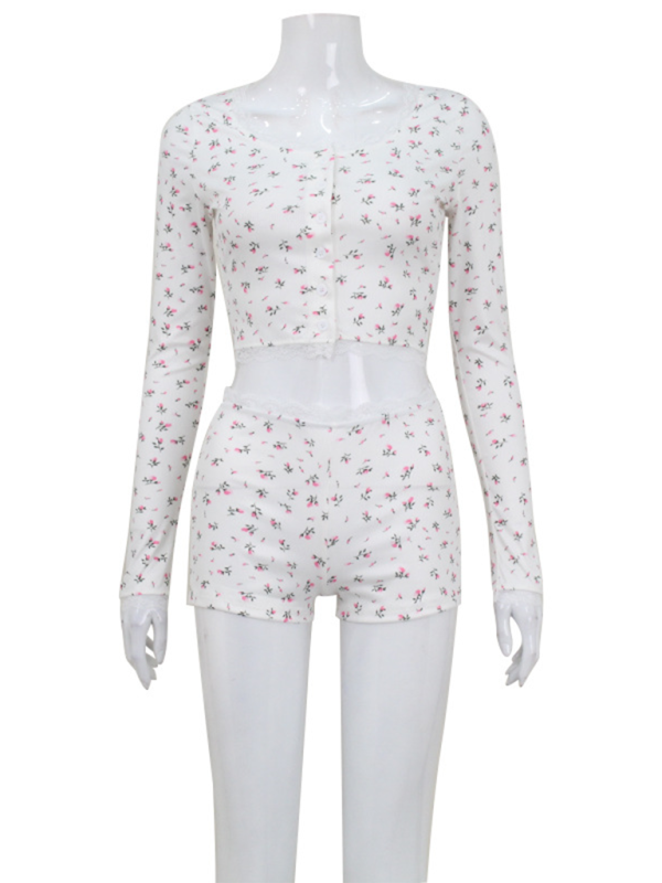Ensemble deux pièces cardigan et short en dentelle florale décontractée 