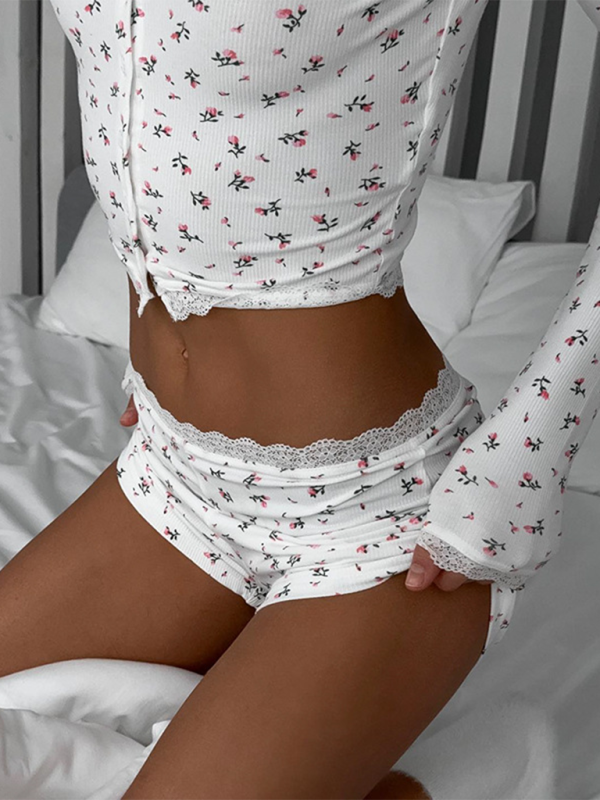 Ensemble deux pièces cardigan et short en dentelle florale décontractée 