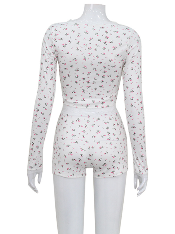 Ensemble deux pièces cardigan et short en dentelle florale décontractée 