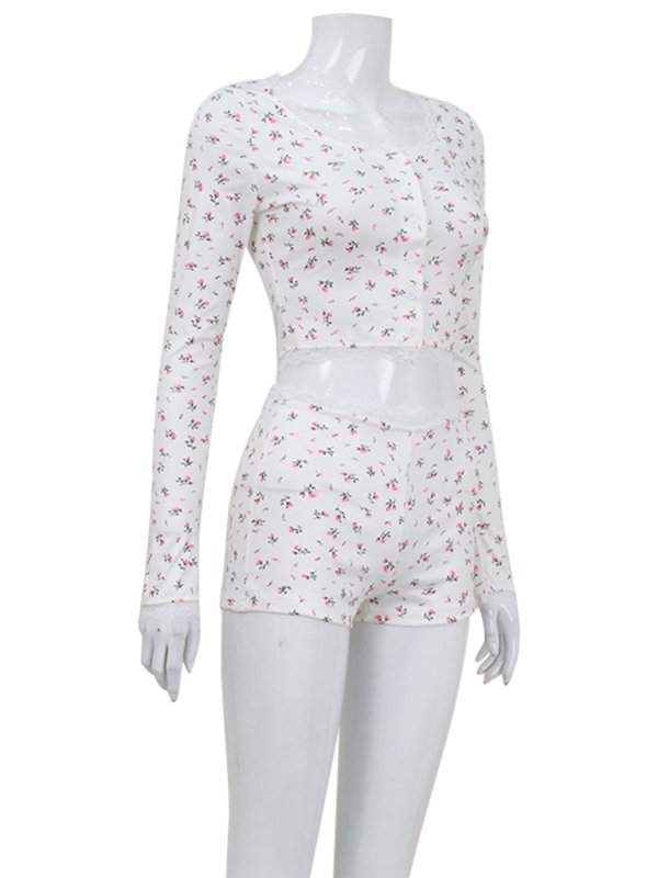 Ensemble deux pièces cardigan et short en dentelle florale décontractée 
