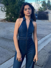 Women's new slim fit fashion street retro style high waist denim jumpsuit – front view