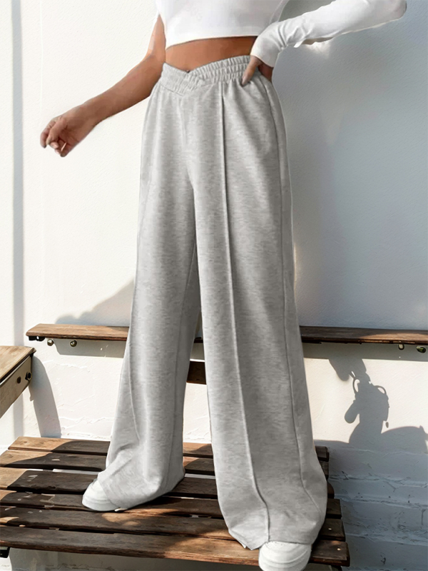 Pantalon décontracté pour femme, taille haute, col en V élastique et jambes larges. 