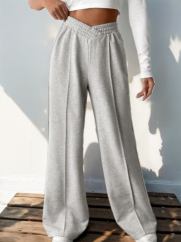 Pantalon décontracté pour femme, taille haute, col en V élastique et jambes larges. 