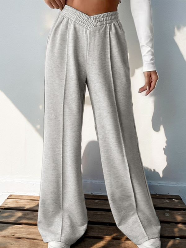 Pantalon décontracté pour femme, taille haute, col en V élastique et jambes larges. 