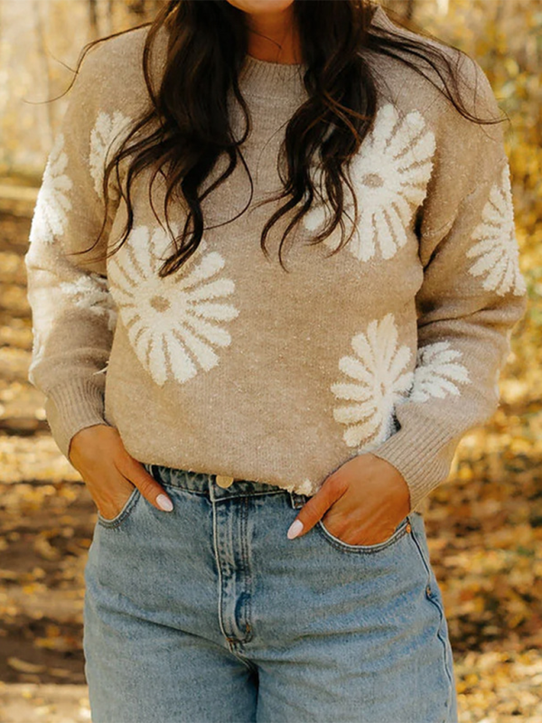 Lässiger Strickpullover mit Blumenmuster im neuen Stil 