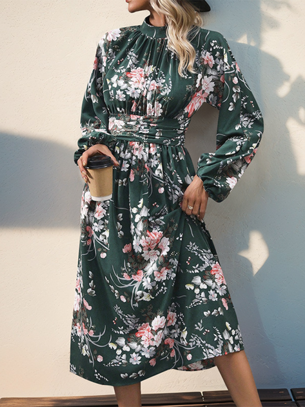 Elegantes Kleid mit hohem Bund, langen Ärmeln und Stehkragen im neuen Retro-Print 