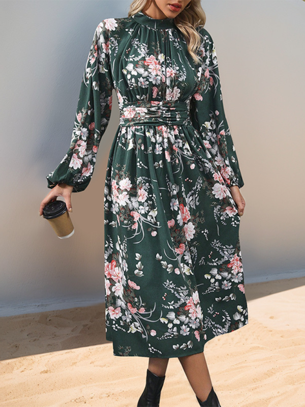 Elegantes Kleid mit hohem Bund, langen Ärmeln und Stehkragen im neuen Retro-Print 