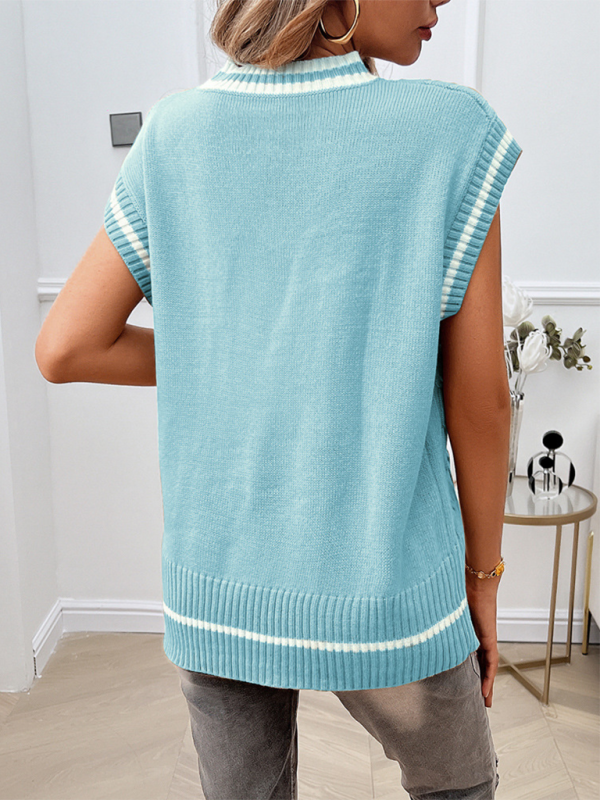Gilet sans manches ample et décontracté pour femme, col en V, couleur contrastée 