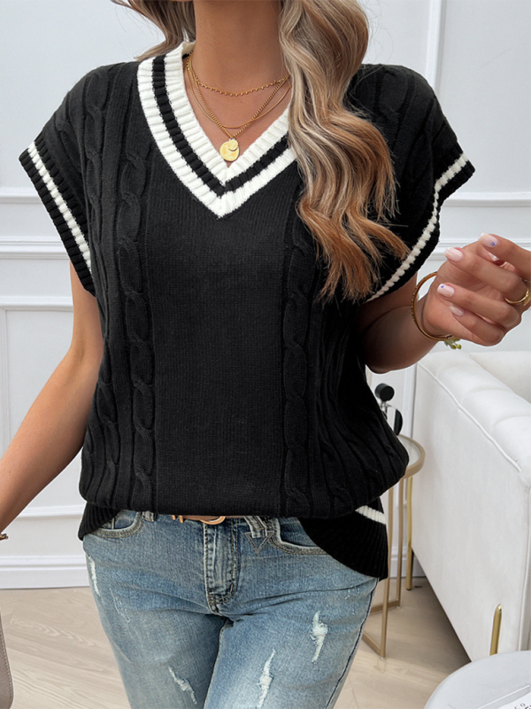 Gilet sans manches ample et décontracté pour femme, col en V, couleur contrastée 