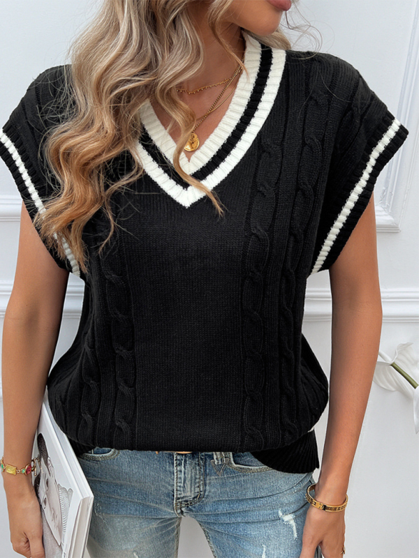 Gilet sans manches ample et décontracté pour femme, col en V, couleur contrastée 