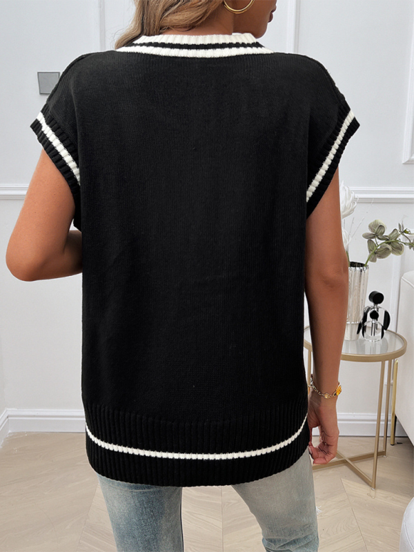 Gilet sans manches ample et décontracté pour femme, col en V, couleur contrastée 