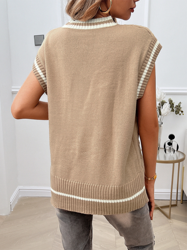 Gilet sans manches ample et décontracté pour femme, col en V, couleur contrastée 