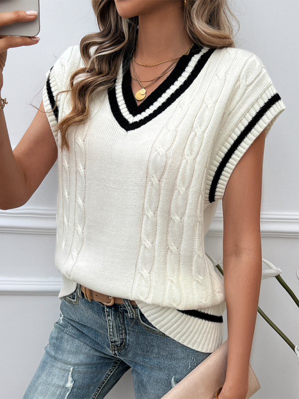 Gilet sans manches ample et décontracté pour femme, col en V, couleur contrastée 