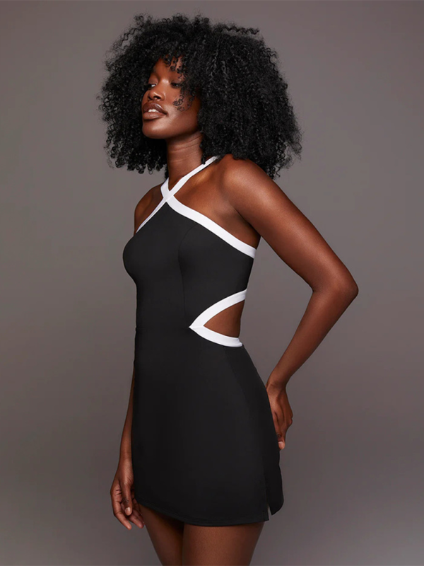 Neues, farblich kontrastierendes, schlichtes, blickdichtes und bequemes Yoga- und Tennis-Kleid für Damen mit Gürtel. 