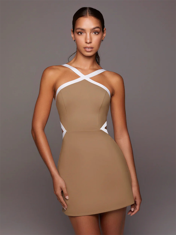 Neues, farblich kontrastierendes, schlichtes, blickdichtes und bequemes Yoga- und Tennis-Kleid für Damen mit Gürtel. 