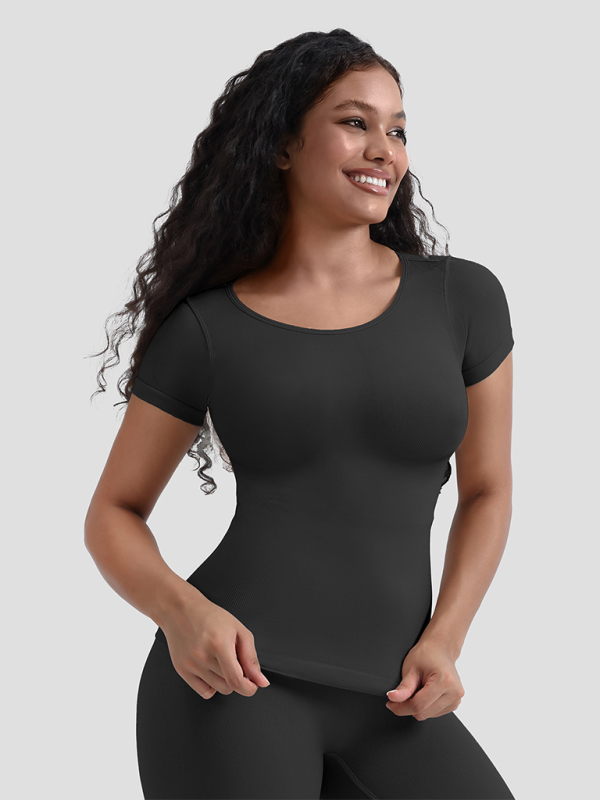 Neues nahtloses Kurzarm-T-Shirt-Unterteil mit Korsettmuster und eng anliegendem, tailliertem Oberteil 