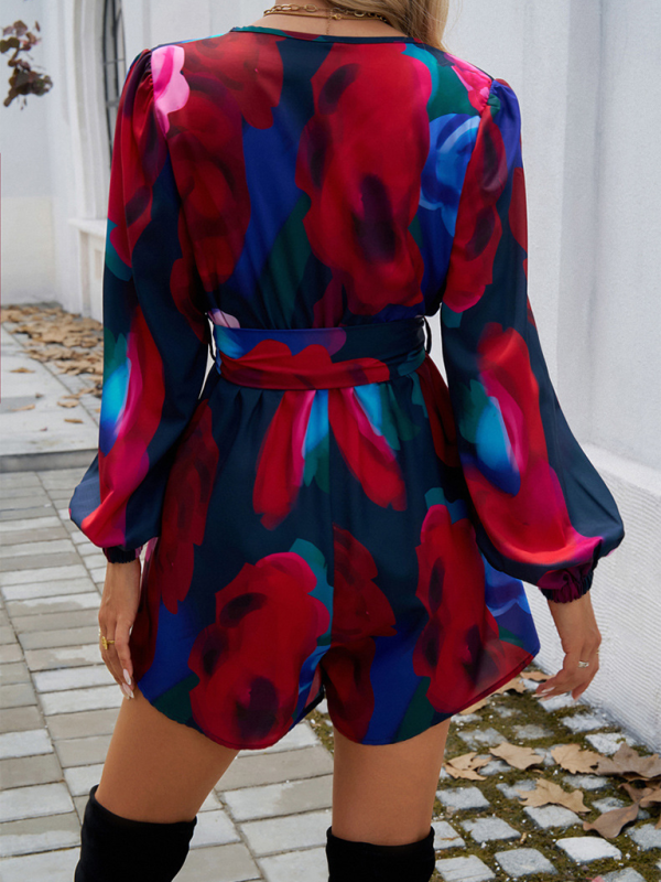 Contrast print long sleeve wrap dress – back view