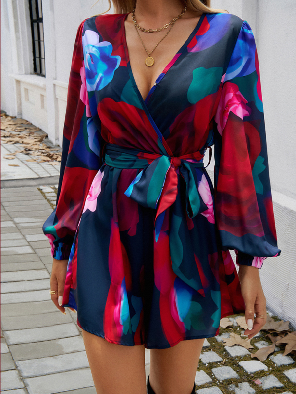 Multicolor wrap dress with tie belt – styling detail