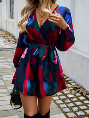 Contrast print long sleeve wrap dress – front view