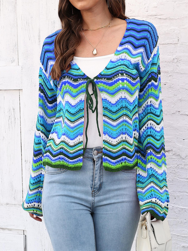 Gilet cardigan tissé à vagues arc-en-ciel avec rayures monochromes 