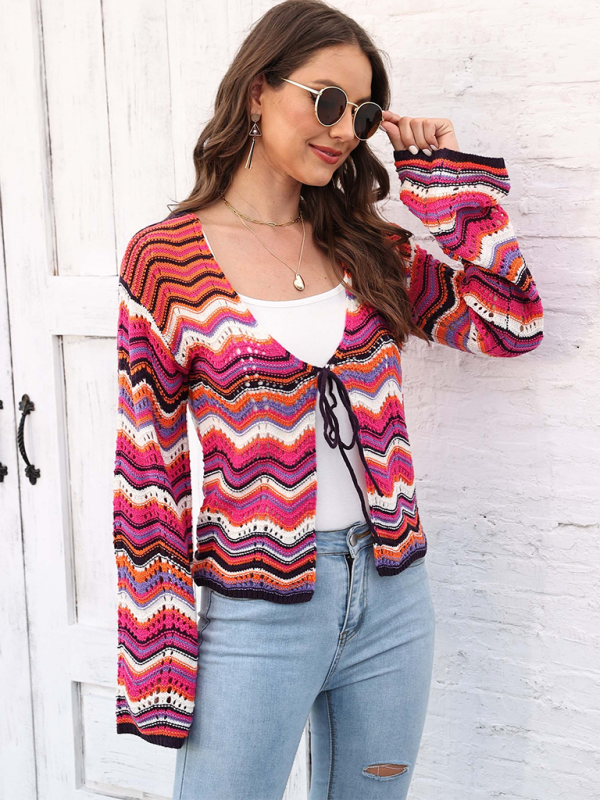 Gilet cardigan tissé à vagues arc-en-ciel avec rayures monochromes 